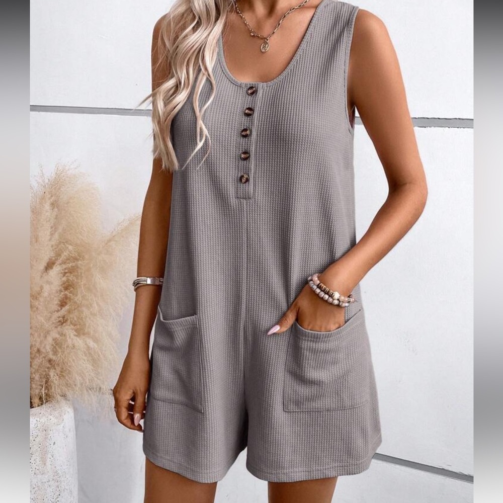 Light Gray Sleeveless waffle knit Romper with Button Detail. Size XL